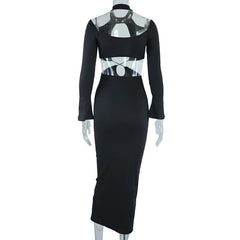 Hollow out cross front solid long sleeve halter midi dress