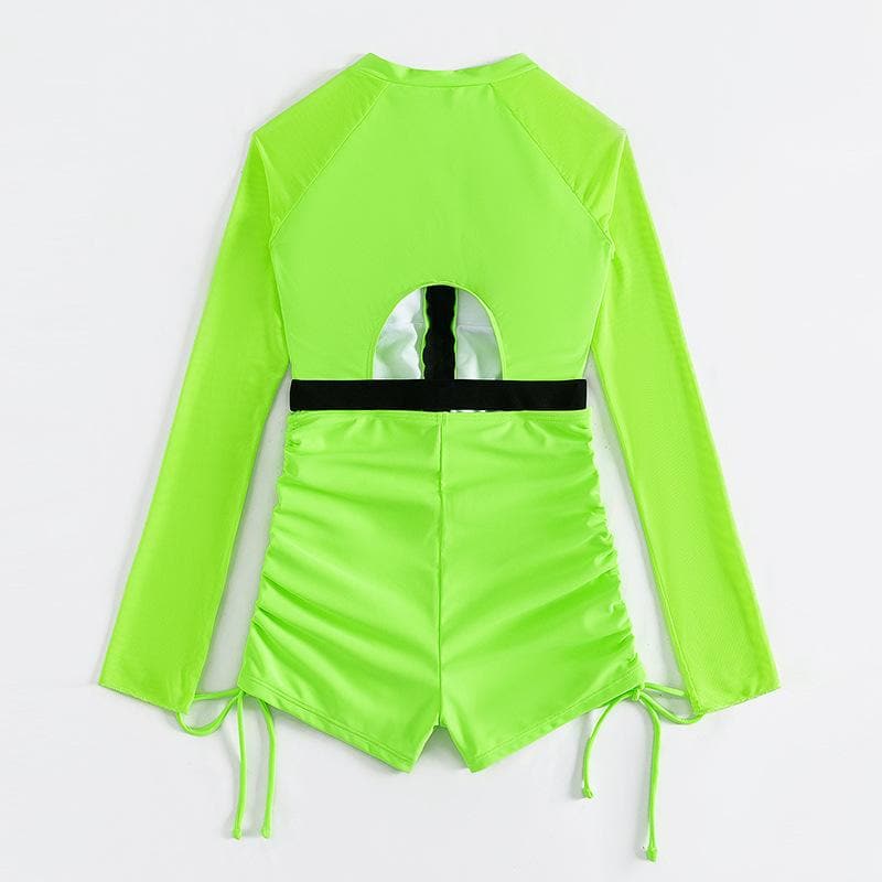 Drawstring long sleeve zip-up hollow out one piece swimwear