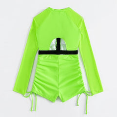 Drawstring long sleeve zip-up hollow out one piece swimwear