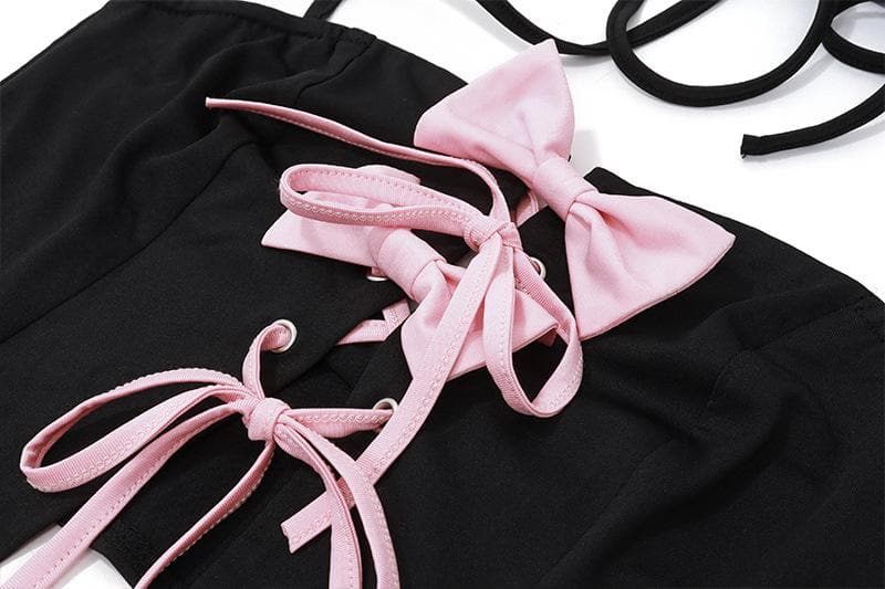 Bowknot halter contrast self tie backless mini skirt set