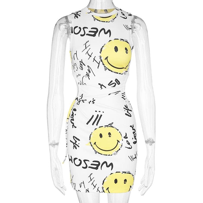 Smiley face pattern contrast hollow out sleeveless mini dress