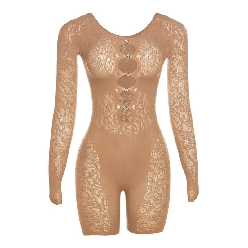 Hollow out long sleeve beaded fishnet see through solid romper