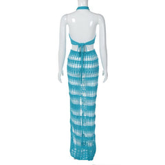 Crochet cross front hollow out backless halter slit maxi skirt set