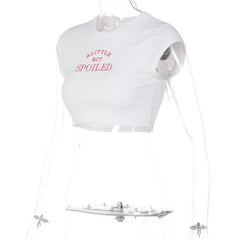 “SPOILEDâ€?embroidery contrast crewneck cap sleeve crop top