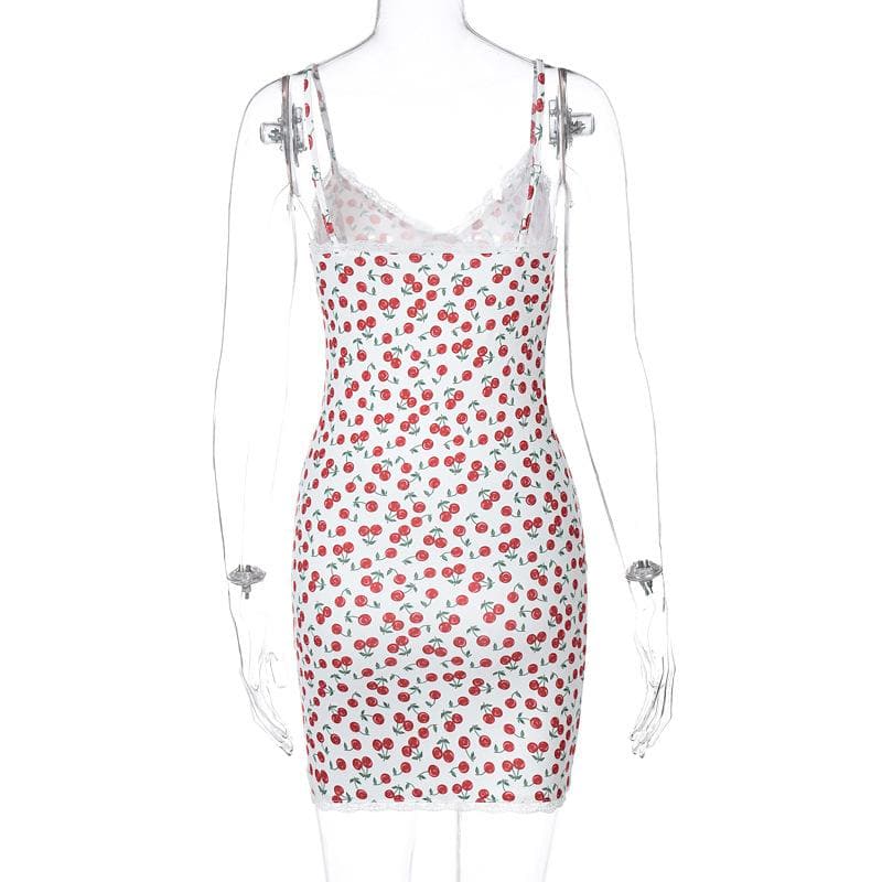 Cherry print v neck lace hem contrast cami mini dress