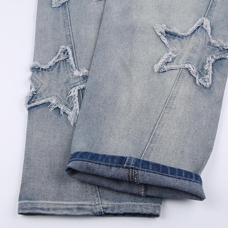 Star patchwork raw hem irregular medium rise jeans