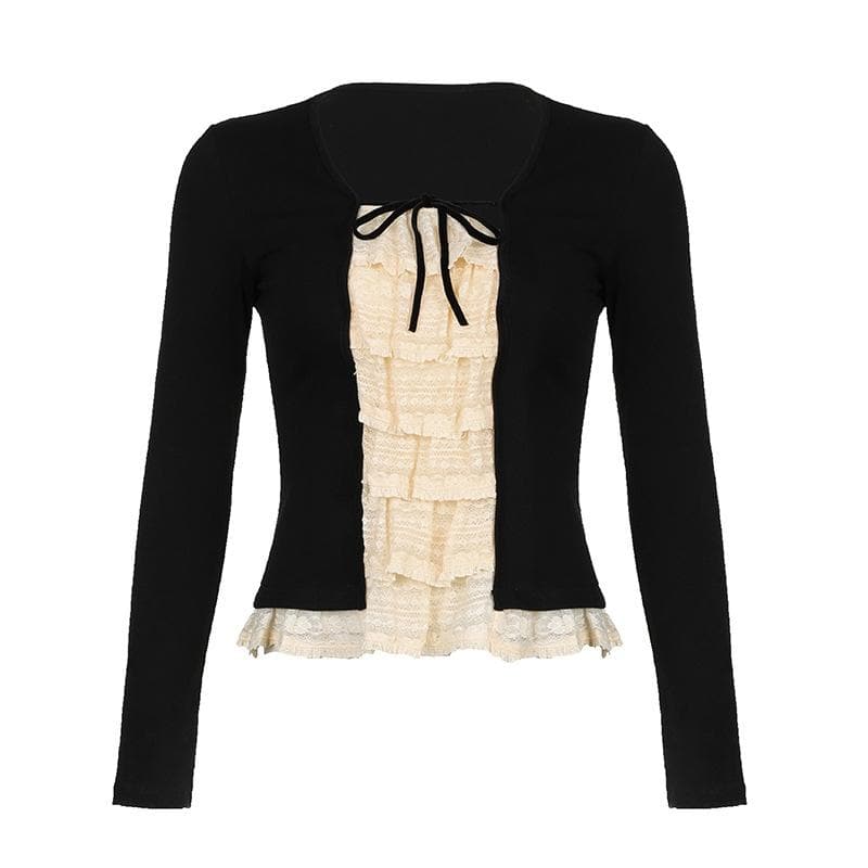 Lace patchwork contrast long sleeve self tie top