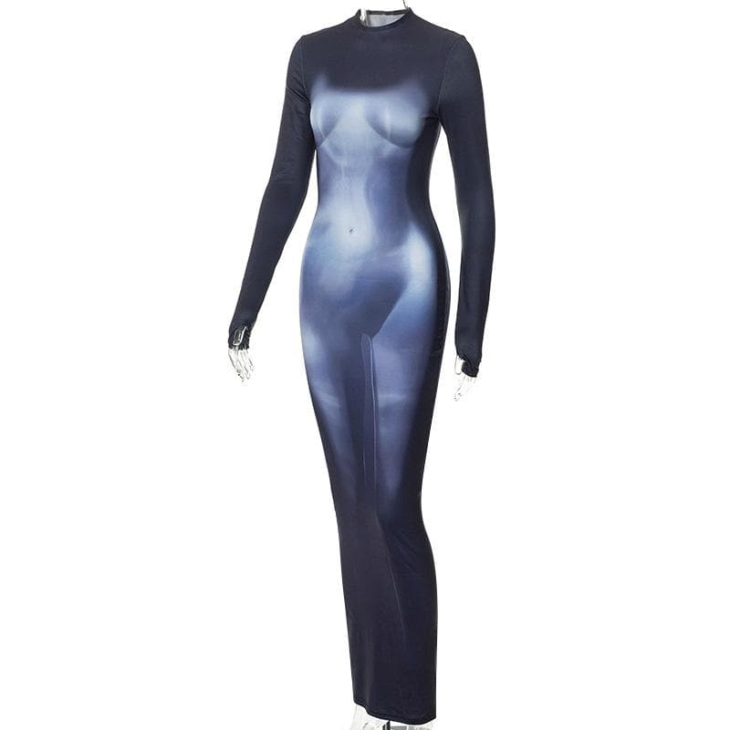 Contrast body pattern crewneck gloves long sleeve maxi dress