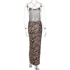 Ripple contrast print cross back slit cowl neck backless midi dress
