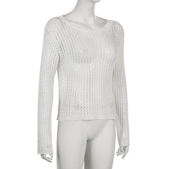 Knitted round neck long sleeve hollow out crochet top