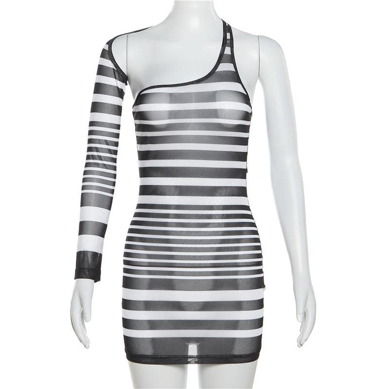 Irregular sheer mesh see through one shoulder striped mini dress