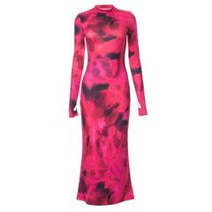 Tie dye gloves long sleeve contrast high neck midi dress