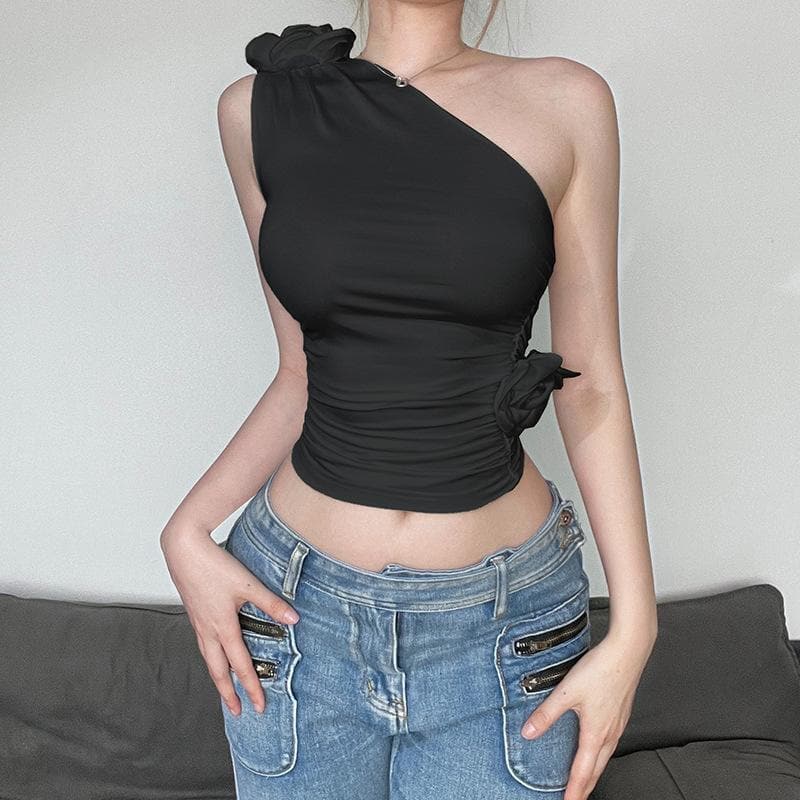 Einschultriges, rückenfreies, gerüschtes, unregelmäßiges Crop-Top mit Blumenapplikation