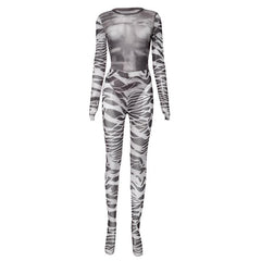 Gloves contrast print long sleeve sheer mesh see through bodysuit pant set