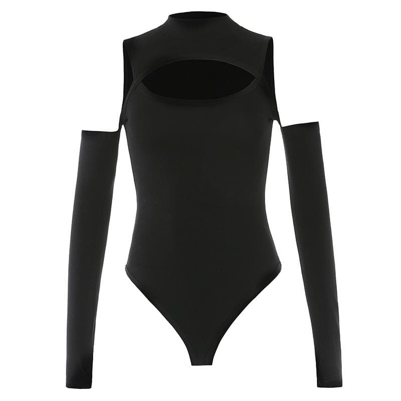 High neck hollow out off shoulder solid bodysuit