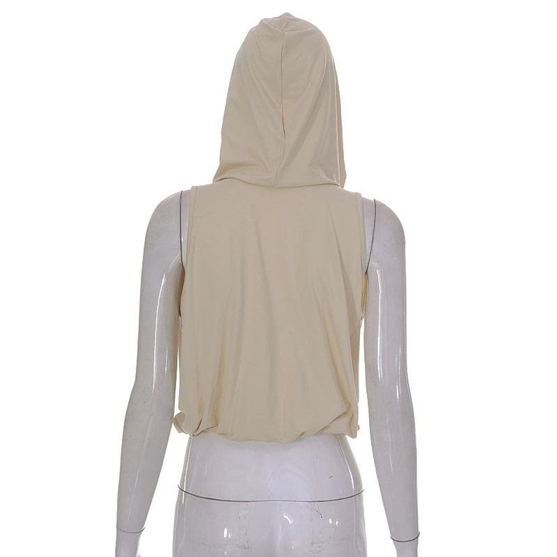 Solid hoodie cowl neck sleeveless drawstring ruched top