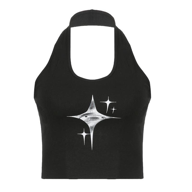 Top corto con cuello halter, espalda descubierta y contraste con estampado de estrellas 