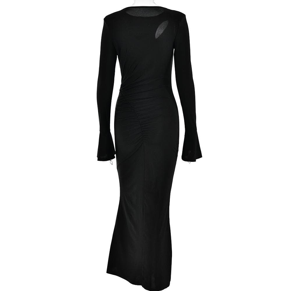 Ruched solid hollow out irregular long sleeve maxi dress