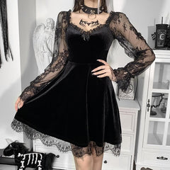 Velvet lace patchwork long sleeve contrast mini dress | victorian gothic dresses