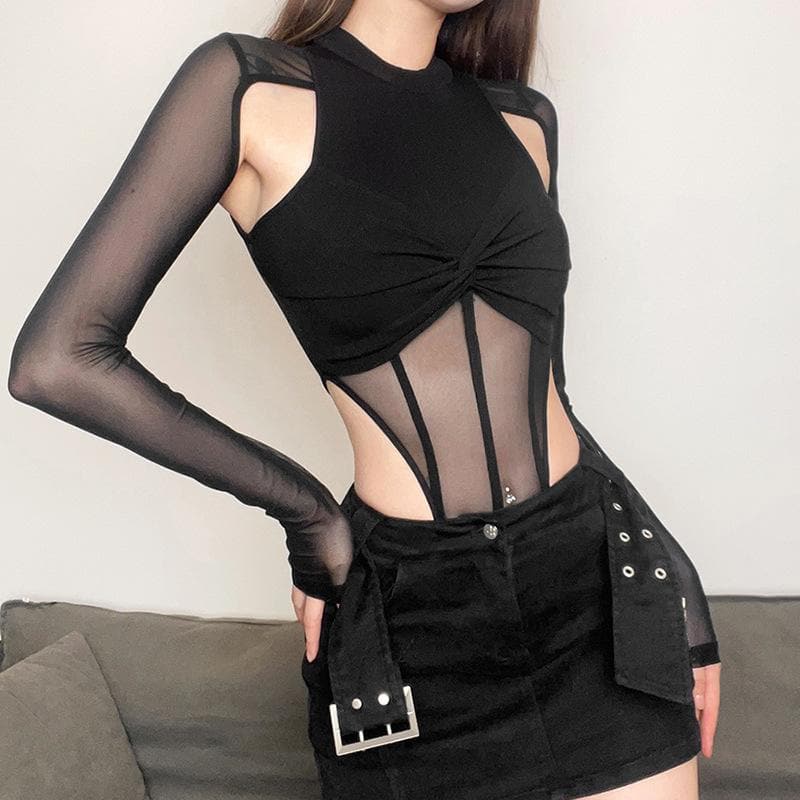 Mesh solid knotted long sleeve high neck patchwork 2 piece bodysuit