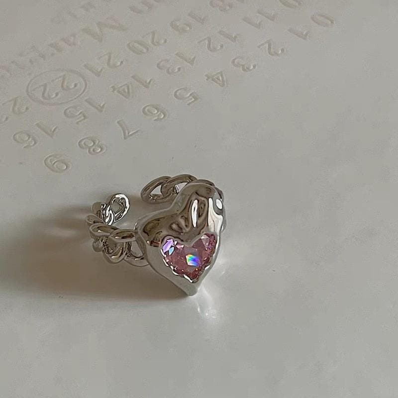 Anillo abierto con cadena y colgante de corazón 