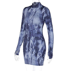 Tie dye long sleeve high neck gloves contrast mini dress