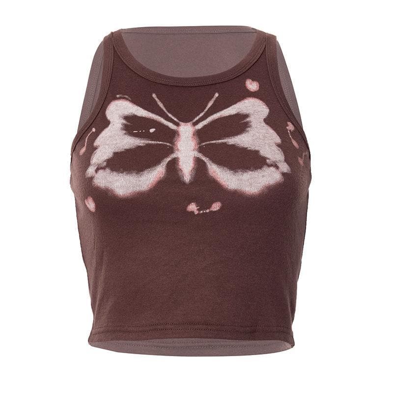 Camiseta sin mangas con estampado de mariposas y cuello redondo 