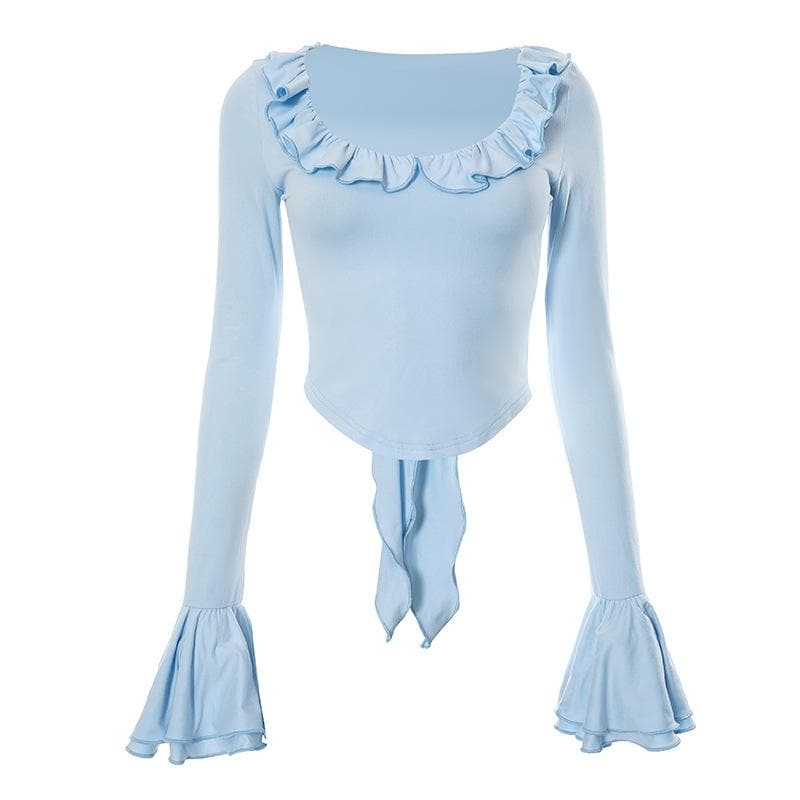 Ruffle flared sleeve self tie solid u neck top