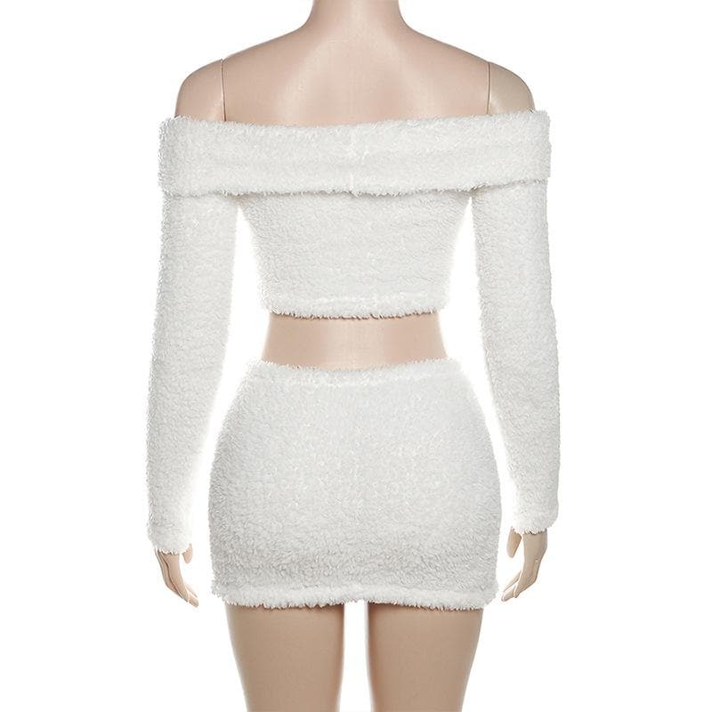 Fluffy solid off shoulder long sleeve mini skirt set