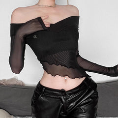 Mesh off shoulder long sleeve irregular ruffle solid crop top