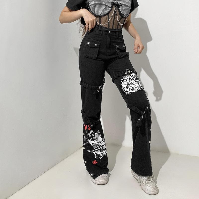 Cargo-Jeans mit High-Rise-Hose und Knopfleiste und abstraktem Muster 