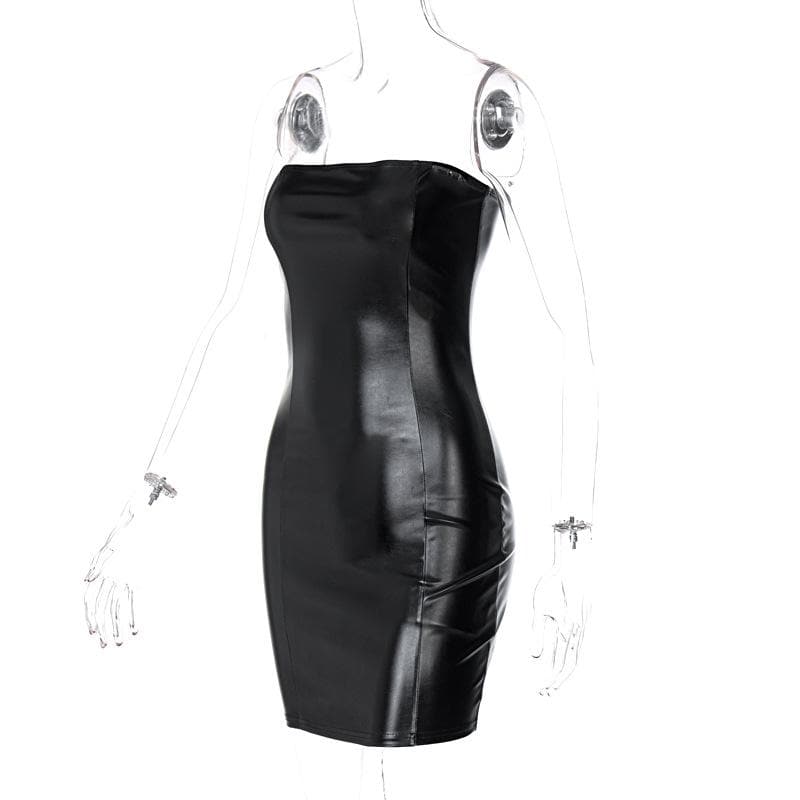 Sleeveless solid PU leather backless tube dress