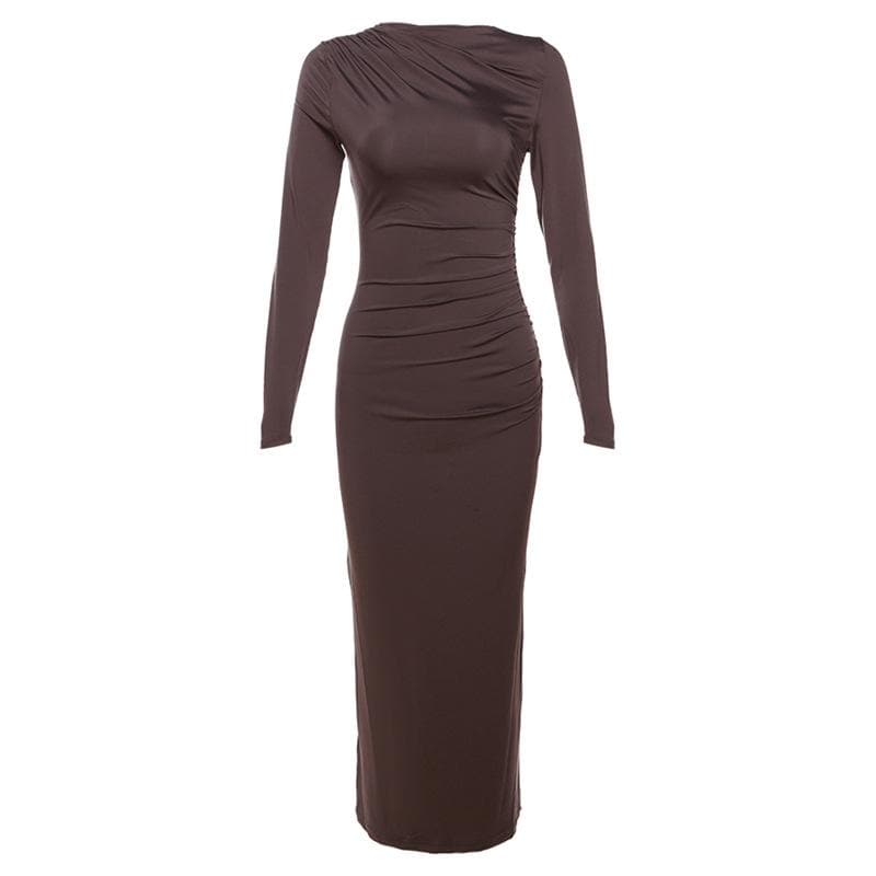 Ruched solid long sleeve zip-up maxi dress