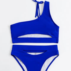 Einfarbiger Bikini mit hoher Taille und One-Shoulder-Träger und ausgehöhltem Design 