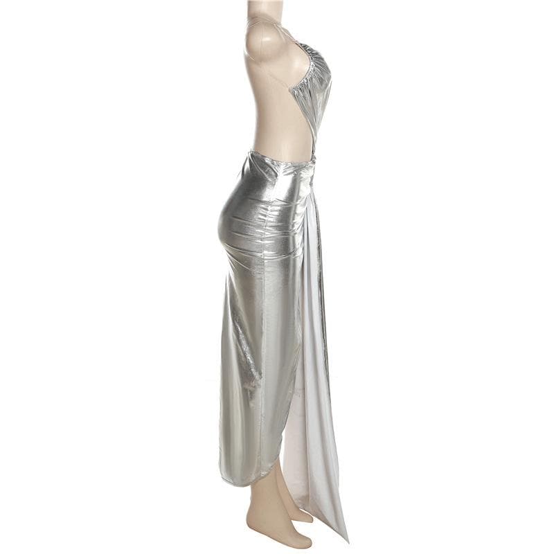 Metallic one shoulder irregular backless maxi dress