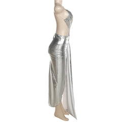 Metallic one shoulder irregular backless maxi dress