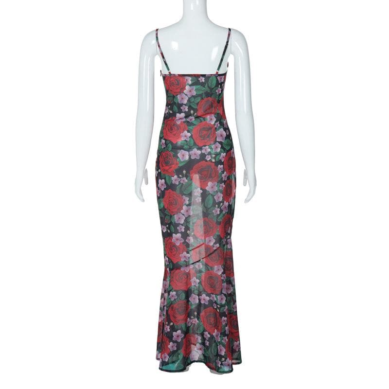 Rückenfreies Maxi-Camisole-Kleid mit Wasserfallausschnitt, Blumenmuster, Reißverschluss und Kontrast 