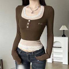 Lace hem contrast patchwork long sleeve button top