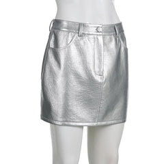 Solid metallic button pocket high rise mini skirt