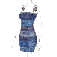 Denim print contrast backless tube mini dress