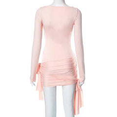 Bowknot ruched solid patchwork long sleeve self tie mini dress