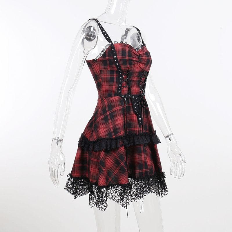 Zip-up lace hem lace up plaid backless mini dress