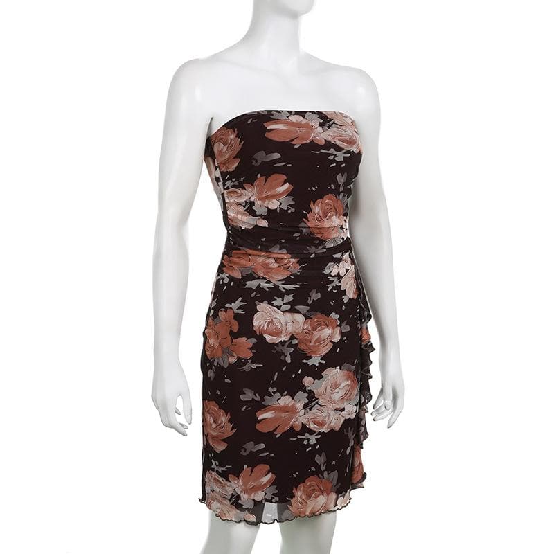 Mesh flower print contrast ruched ruffle backless tube mini dress