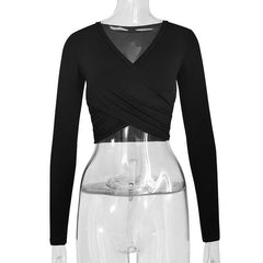 Cross front ruched solid v neck long sleeve crop top