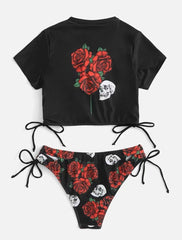 Totenkopf Blumenmuster Kordelzug Kontrast Kurzarm Bikini Bademode