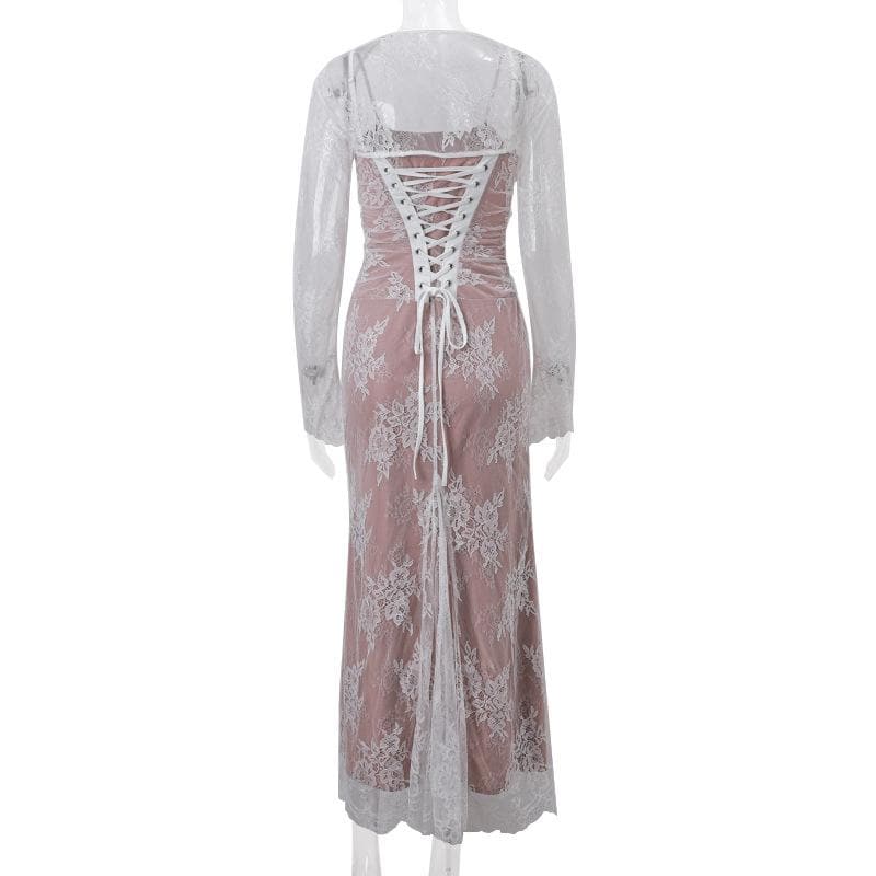 Long sleeve lace ruched shrug lace up 2 piece midi dress