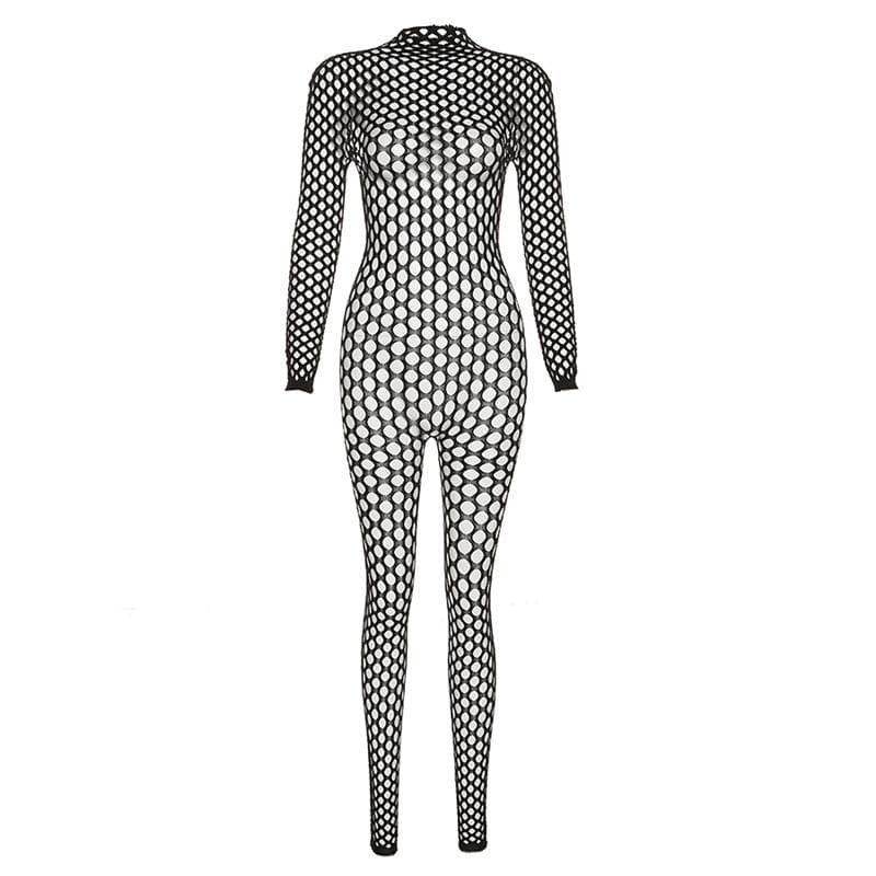 Fishnet long sleeve hollow out see through backless jumpsuit