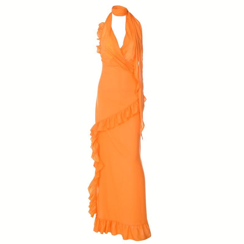 Halter v neck backless ruffle zip-up solid maxi dress