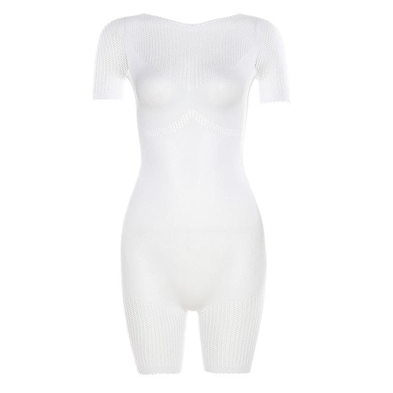Fishnet short sleeve hollow out see through solid romper