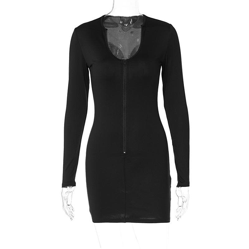 V neck low cut zip-up long sleeve solid mini dress - Final Sale